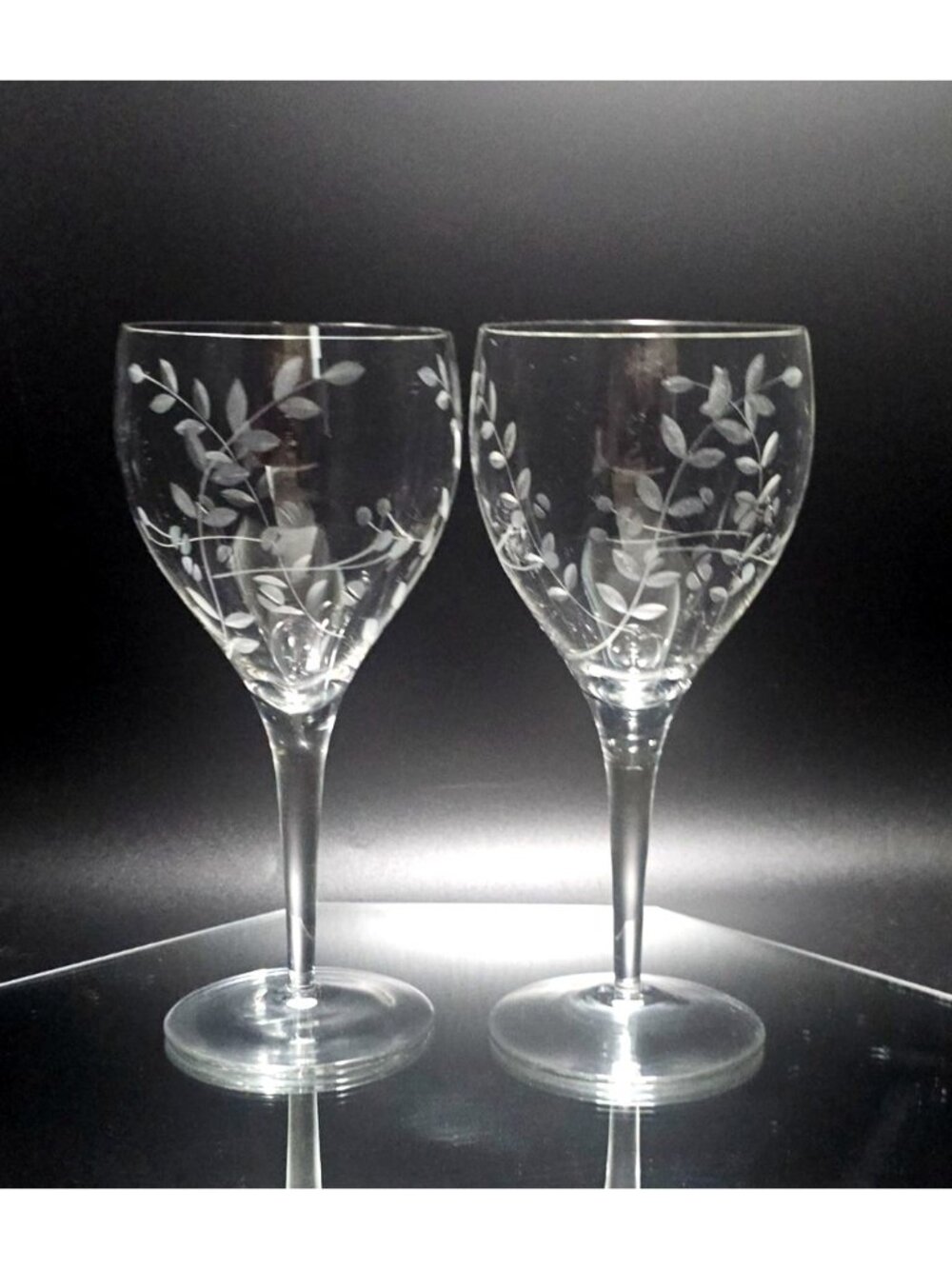 2 Colony Claridge Water Goblet 7.5" etched plant crystal blown glass romantic vt - Picture 7 of 7